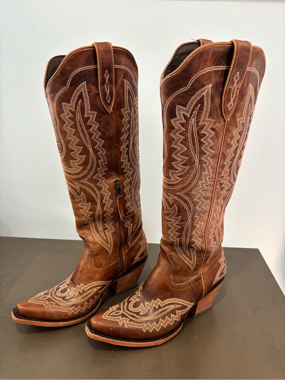Ariat Brown Leather Up to Knee Western Boots with Cream Stitching Size 8.5